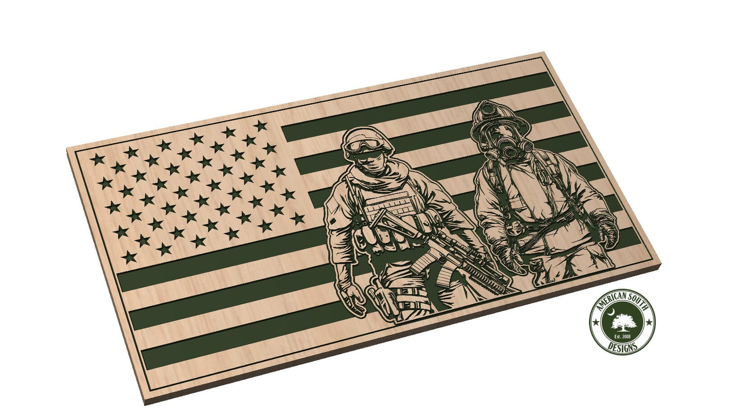 American Flag with Soldier and Firefighter - SVG - Digital Download